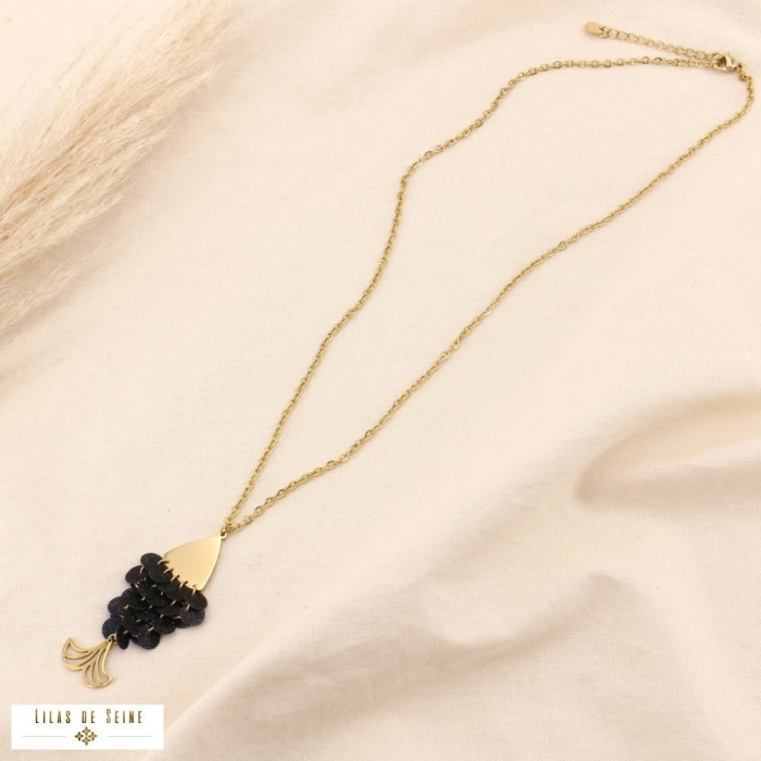 Collier acier inoxydable acrylique poisson sequin paillette 0124531 noir