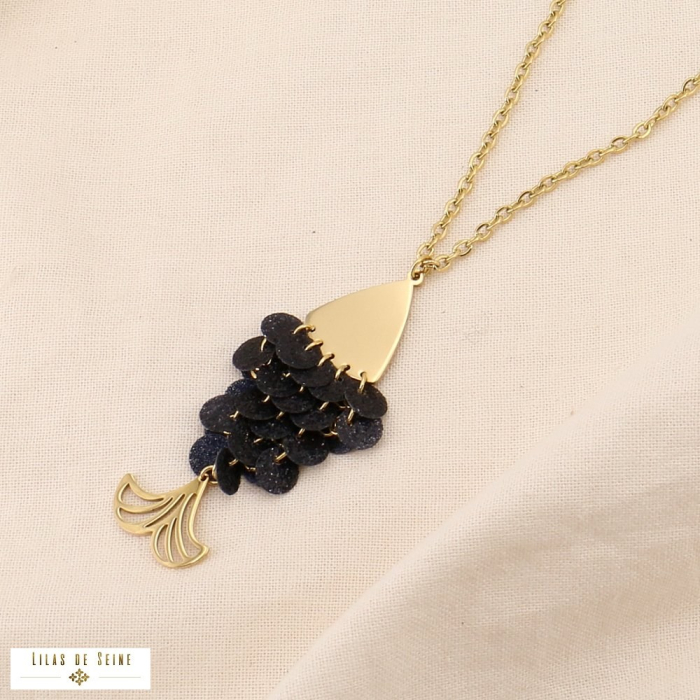 Collier acier inoxydable acrylique poisson sequin paillette 0124531 noir