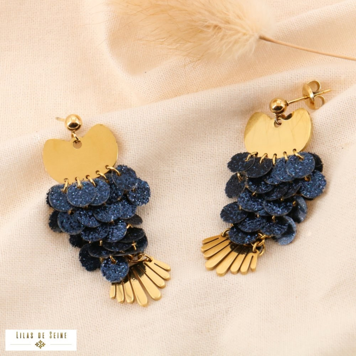 Boucles pendantes acier inoxydable hibou sequin paillette 0324549 bleu foncé