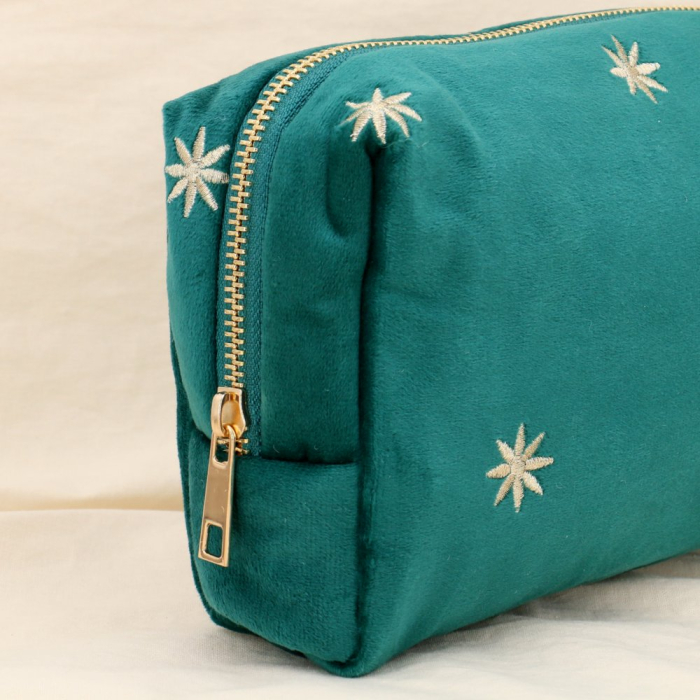 Pochette trousse maquillage velours étoile fleur brodé 0924522 vert