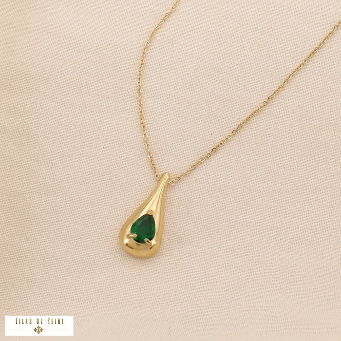 Collier acier inoxydable goutte strass 0124549 vert