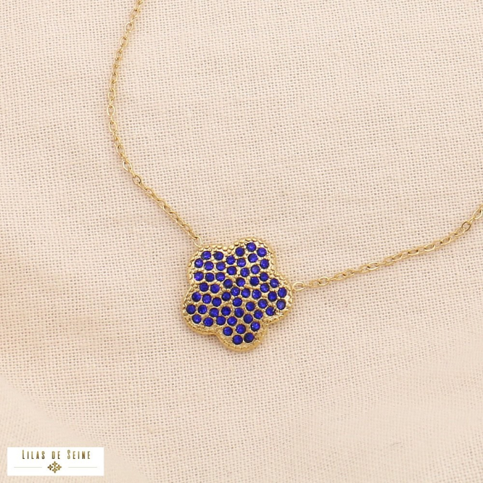 Collier fleurs acier inoxydable doré strass pétale arrondie 0124546 bleu