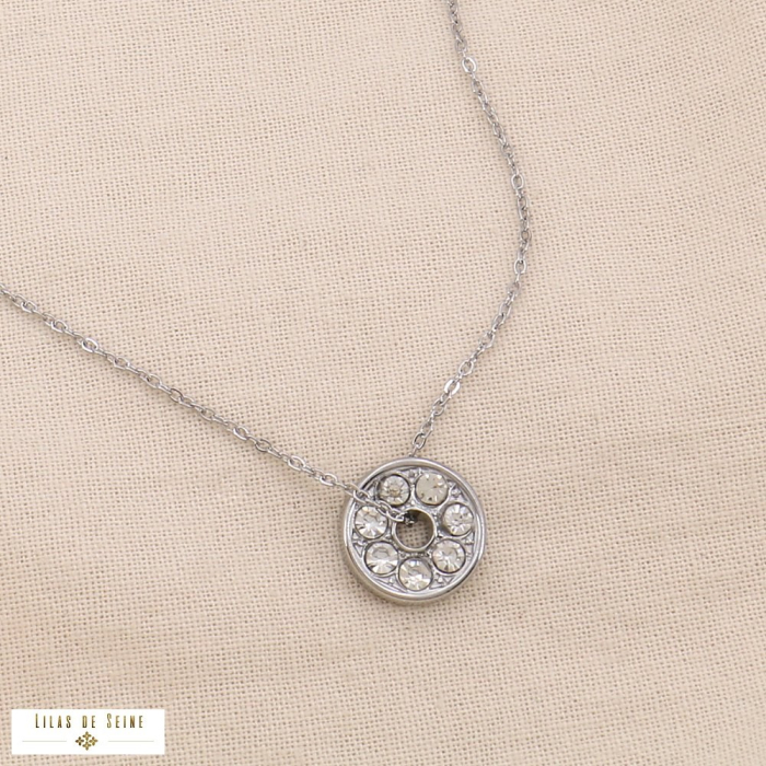 Collier acier inoxydable pendentif rond strass 0124555 argenté