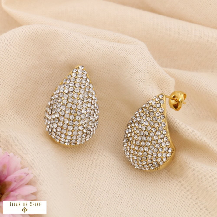 Boucles d'oreilles acier inoxydable strass goutte 0324551 doré