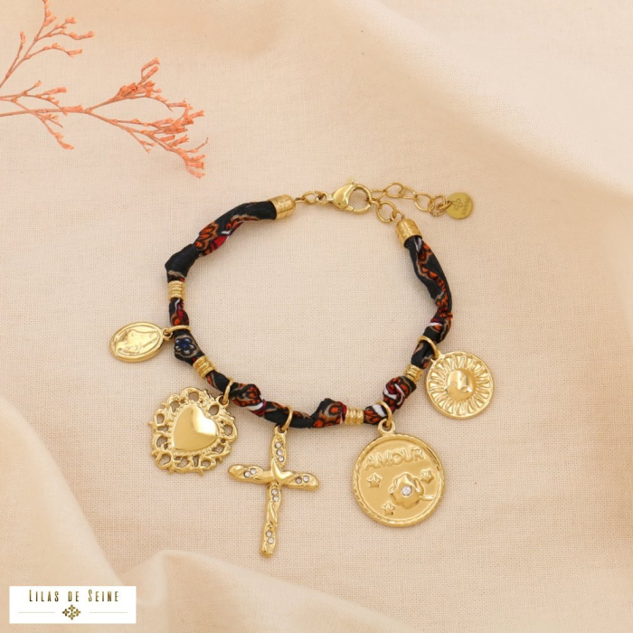 Bracelet acier inoxydable strass tissu noué breloques femme 0224544 noir