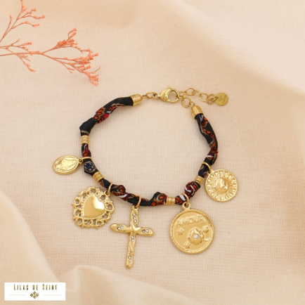 Bracelet acier inoxydable strass tissu noué breloques femme 0224544 noir