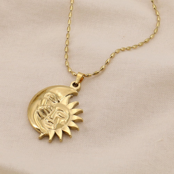 Collier acier inoxydable visage lune soleil stylisé 0124583 doré