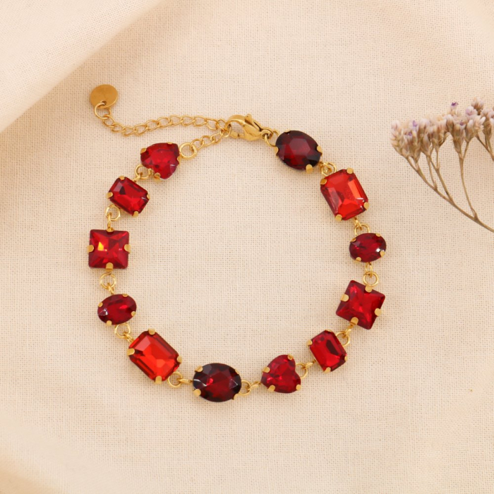Bracelet acier inoxydable strass colorés soirée 0224579 rouge