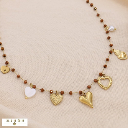 Collier acier inoxydable cristal nacre breloques coeur 0124596 bronze