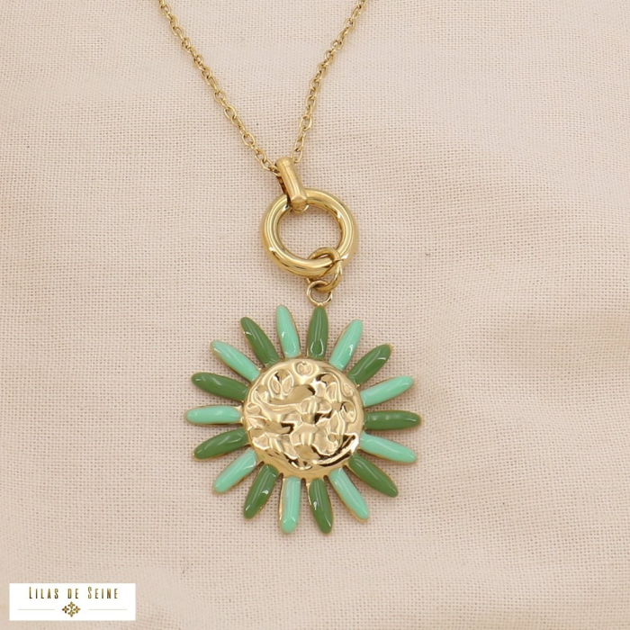 Collier Acier Inoxydable avec Pendentif Fleur en Émail 0125033 vert kaki