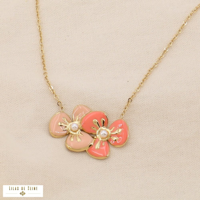 Collier Acier Inoxydable avec Pendentif Duo de Fleurs en Émail 0125032 rose nude