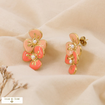 Boucles d’Oreilles Acier Inoxydable Duo de Fleurs en Émail 0325018 rose nude