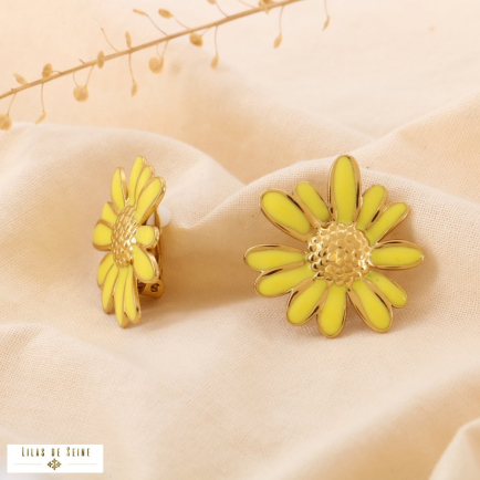 Boucles d’Oreilles Clip Acier Inoxydable Marguerite Émaillée 0325006 jaune