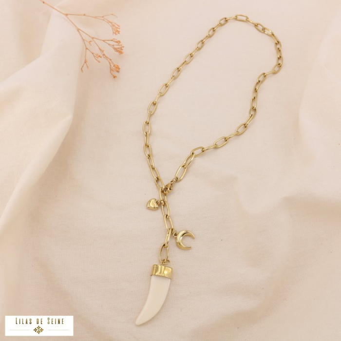 Collier Lariat Chaîne Acier Trombone Pendentif Corne Charms 0125007 naturel/beige