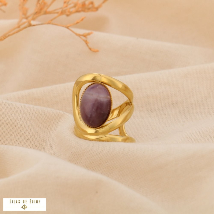 Bague Large Acier Inoxydable Cabochon Ovale Pierre Nacre 0425031 violet