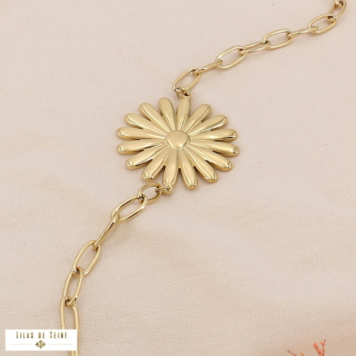 Sautoir Acier Inoxydable Maille Rectangle Pendentifs Fleur 0125005 doré