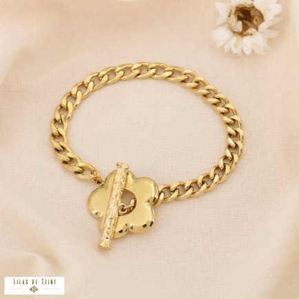 Bracelet Acier Gourmette Fermoir Toggle Fleur Stylisée 0225014 doré