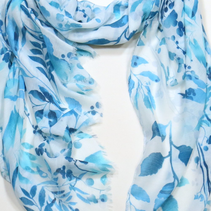 Foulard Mousseline Coton Viscose Motif Floral 0725013 bleu