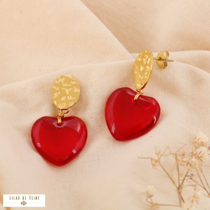 Boucles d'oreilles acier inoxydable verre coeur 0325065 rouge