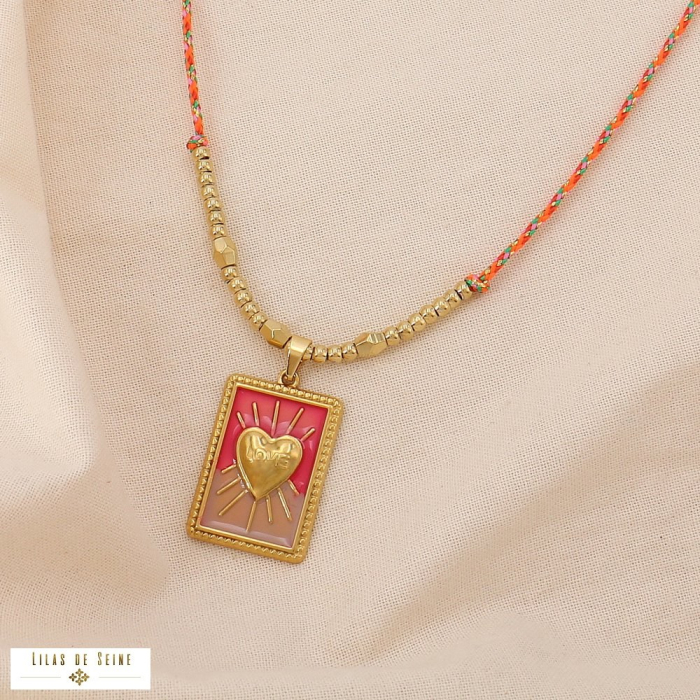 Collier Pendentif Coeur Acier Email Cordon Multicolore 0125093 rouge corail