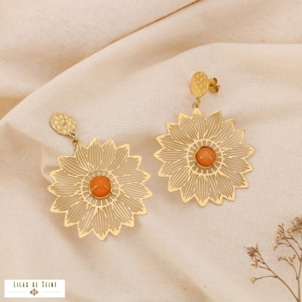 Boucles d’Oreilles Acier Fleur de Soleil Cabochon Pierre Nacre 0325016 orange