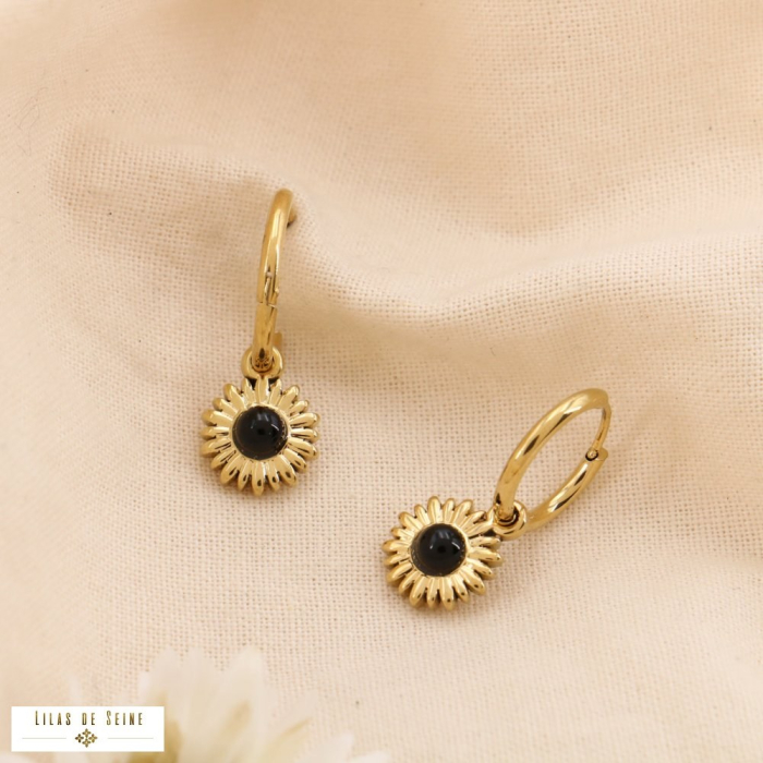 Mini-Créoles Acier Pendentifs Fleur Cabochons Pierre Nacre 0325013 noir