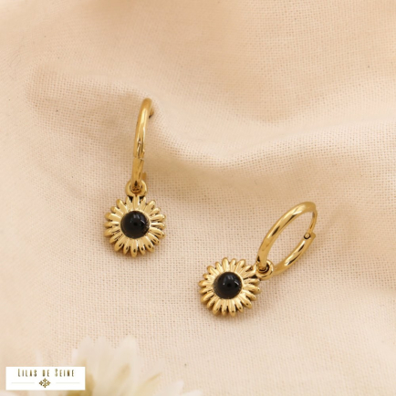 Mini-Créoles Acier Pendentifs Fleur Cabochons Pierre Nacre 0325013 noir