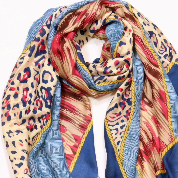 Étole Coton Viscose Imprimé Animalier Motifs Géométriques 0725018 bleu foncé