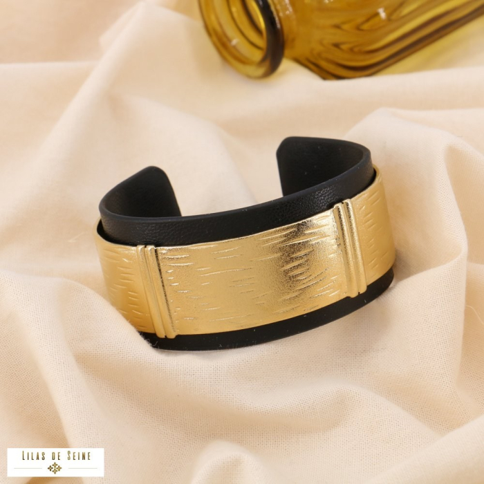 Bracelet Manchette Simili-Cuir Acier Brossé 0225020 noir