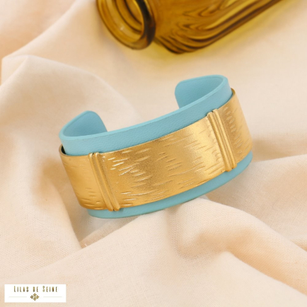 Bracelet Manchette Simili-Cuir Acier Brossé 0225020 bleu turquoise