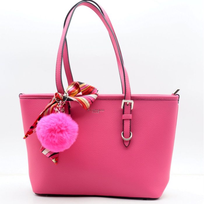 Cabas tote porté épaule Flora&Co simili-cuir grainé boule de poil foulard femme 0922024 fuchsia