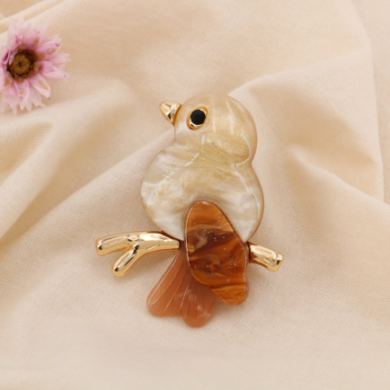 Broche épingle oiseau résine marbrée strass 0525009 naturel/beige