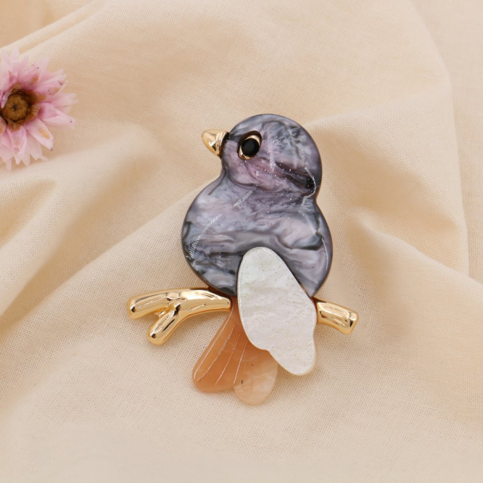 Broche épingle oiseau résine marbrée strass 0525009 gris foncé