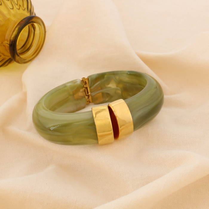 Bracelet manchette acier style antique résine acétate marbré 0225132 vert kaki