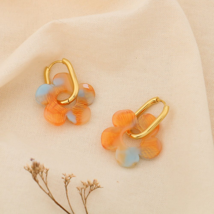 Boucles d'oreilles créoles acier inox fleur résine colorée 0325067 orange