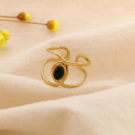 Bague acier inoxydable entrelacé cabochon ovale pierre/nacre 0425012 noir