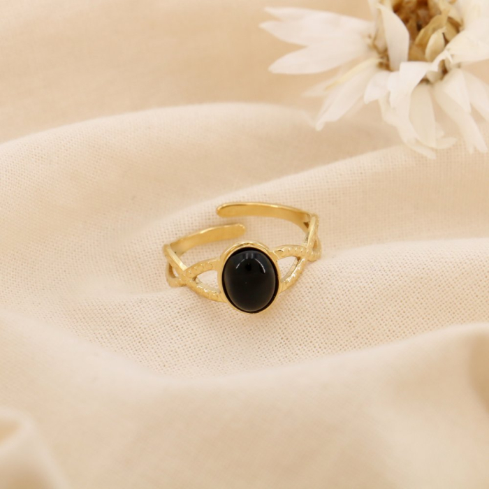 Bague acier inoxydable entrelacé cabochon ovale pierre/nacre 0425013 noir