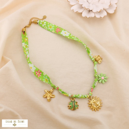 Collier acier inoxydable tissu liberty bohème breloques noué 0125057 vert