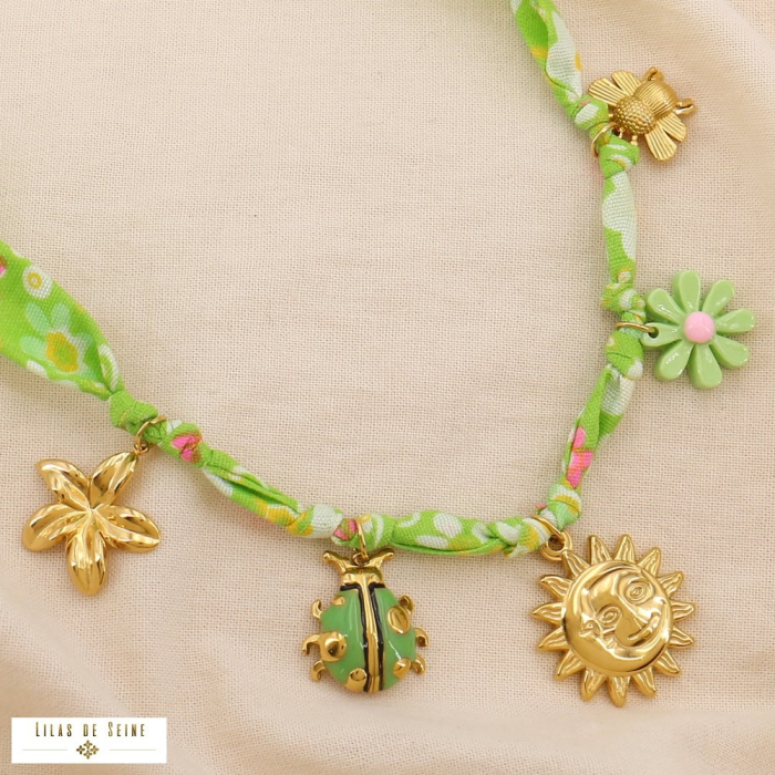 Collier acier inoxydable tissu liberty bohème breloques noué 0125057 vert
