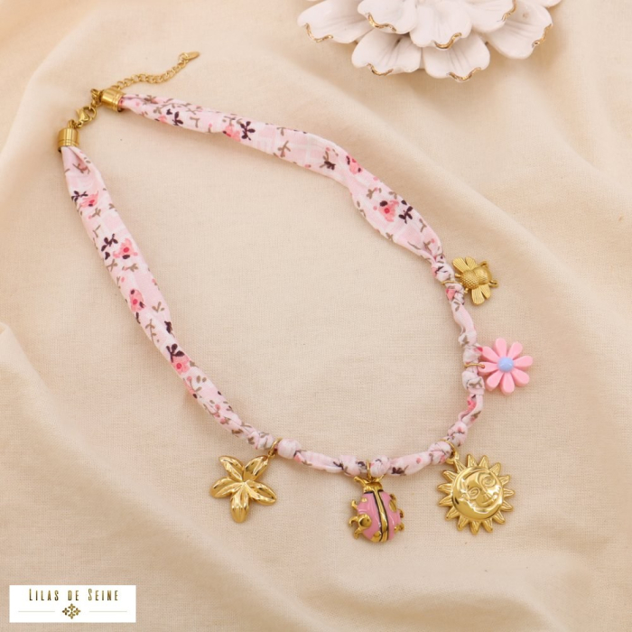 Collier acier inoxydable tissu liberty bohème breloques noué 0125057 rose