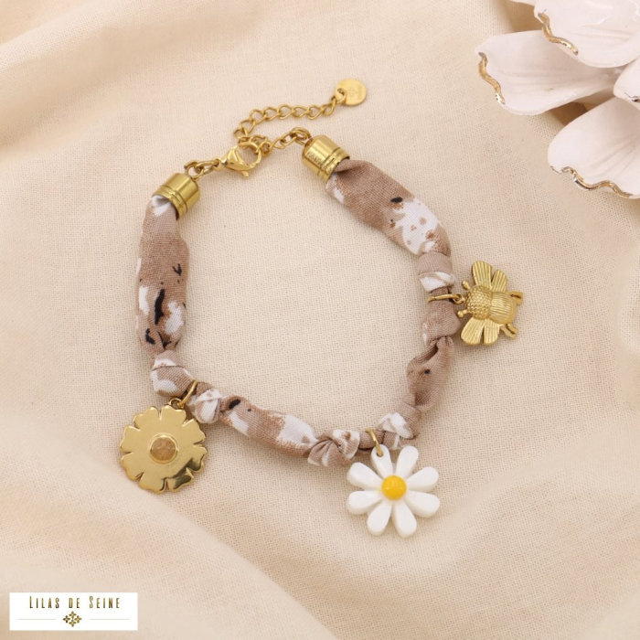 Bracelet acier inoxydable tissu liberty floral breloques noué 0225054 naturel/beige