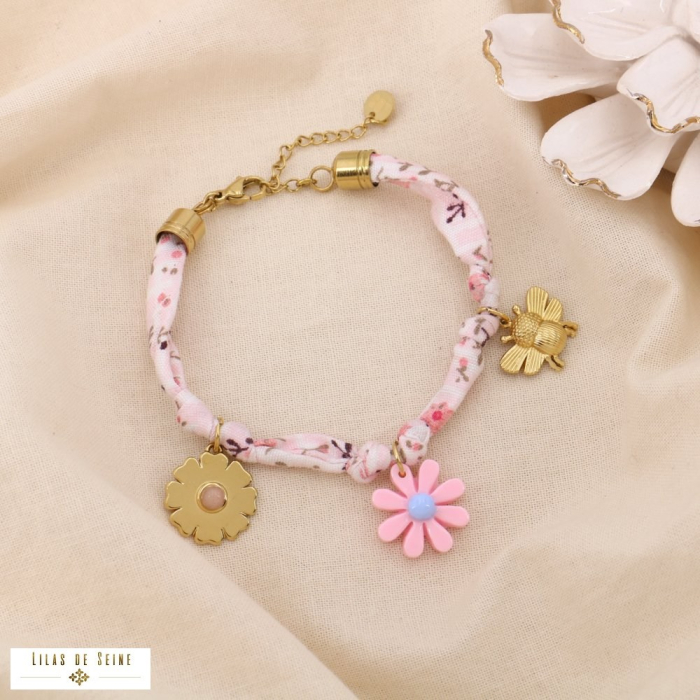 Bracelet acier inoxydable tissu liberty floral breloques noué 0225054 rose