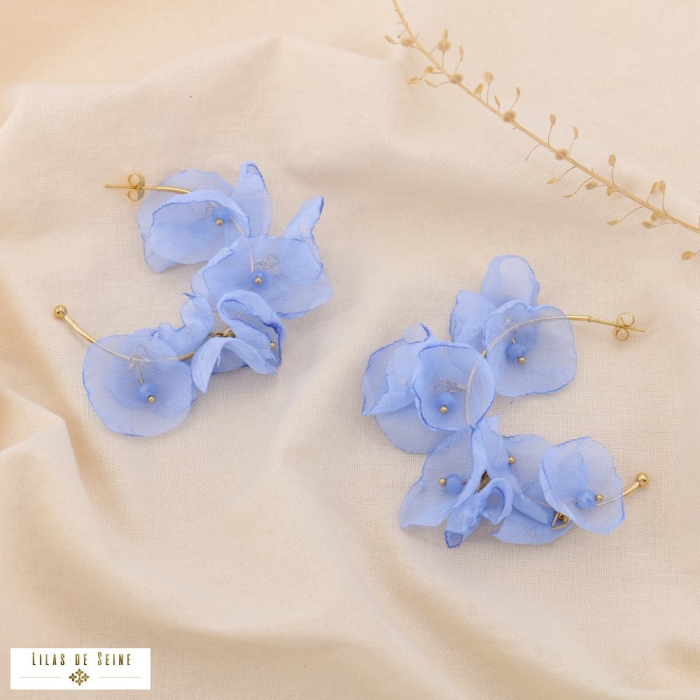 Demi-créoles acier inoxydable poétique cristal fleur mousseline 0325038 bleu