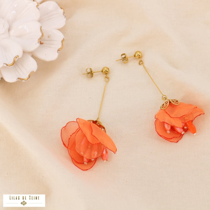 Boucles d'oreilles acier bohème tige cristal fleur mousseline 0325037 orange