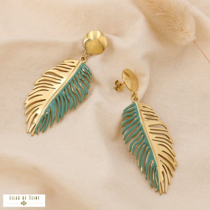 Boucles d'oreilles oversize pendantes feuille acier émail 0325014 vert