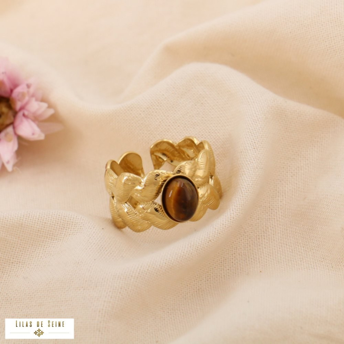 Bague réglable acier chevron cabochons pierre ou nacre 0425034 marron