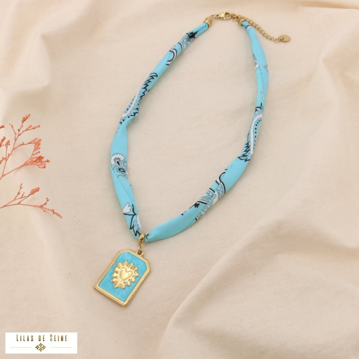 Collier Bohème Tissu Coloré Acier Coeur Email 0125028 bleu turquoise