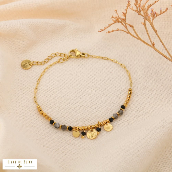 Bracelet Chaîne Pampilles Acier Billes Pierre 0225122 noir