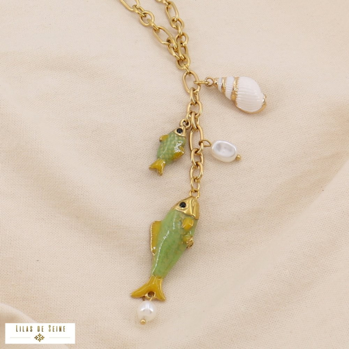 Collier sautoir acier polisson coquillage perle 0125053 vert kaki