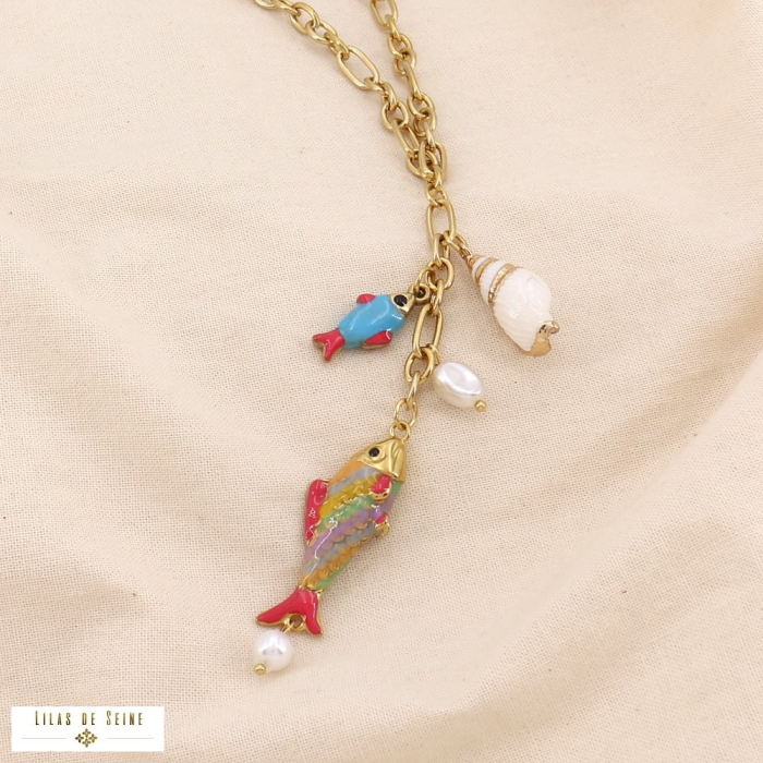 Collier sautoir acier polisson coquillage perle 0125053 multi